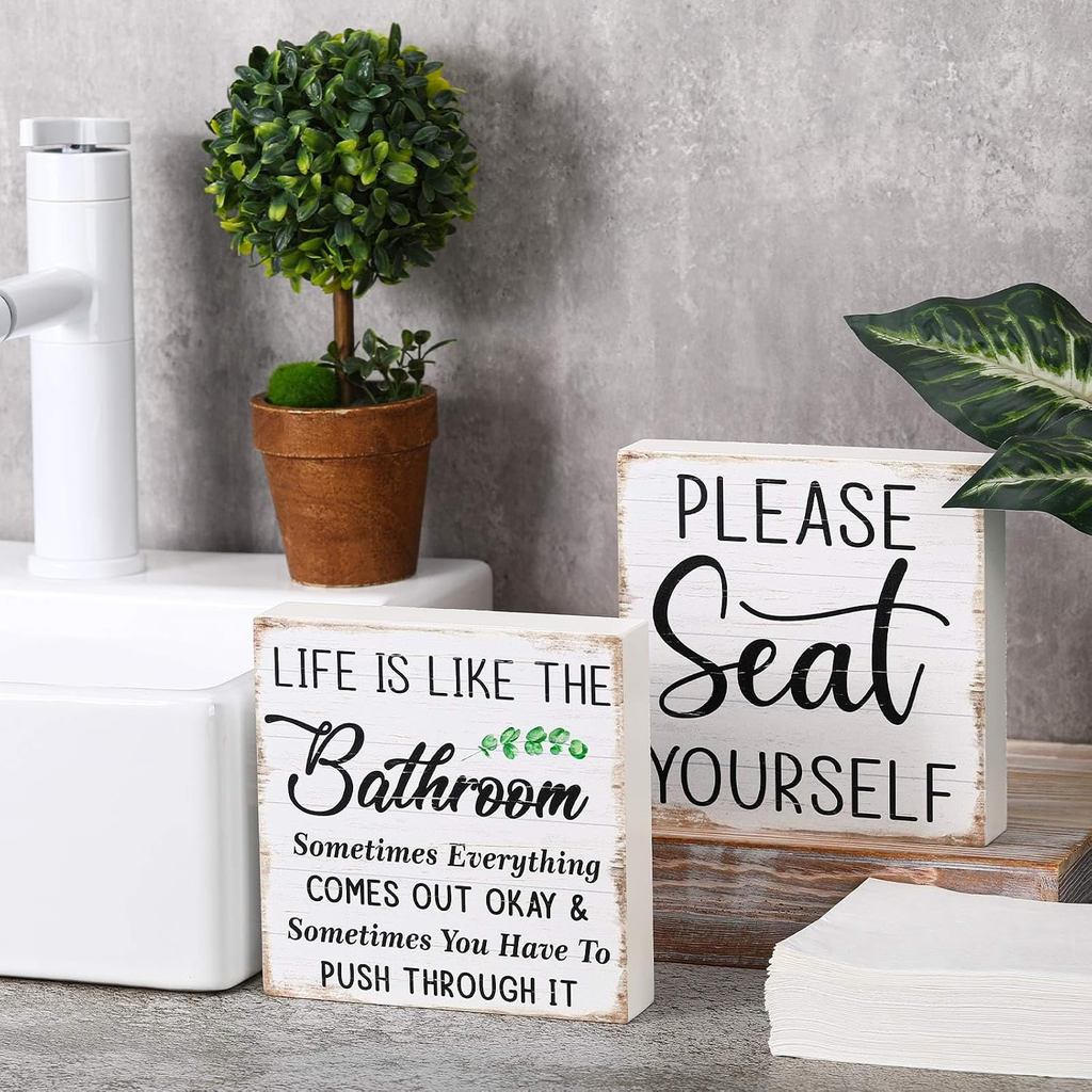 2 Pcs Bathroom Signs Decor 6 Inch Wooden Funny Toilet Signs Wall Table Shelf Decorations Rustic Wood Plaque Please Seat