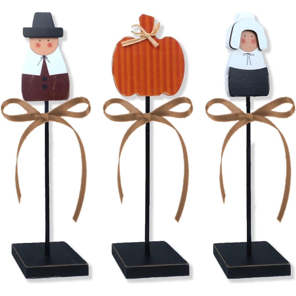 3 Pcs Thanksgiving Tiered Tray Decor Turkey Wooden Table Pilgrim Couple Decorations Indoor Fall Sign for Thanksgiving au