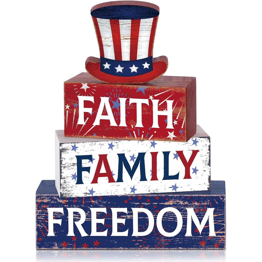 Huquary 4 Pcs 4th of July Table Decorations Patriotic Memorial Day Tiered Tray Decor Independence Day Centerpiece Decor