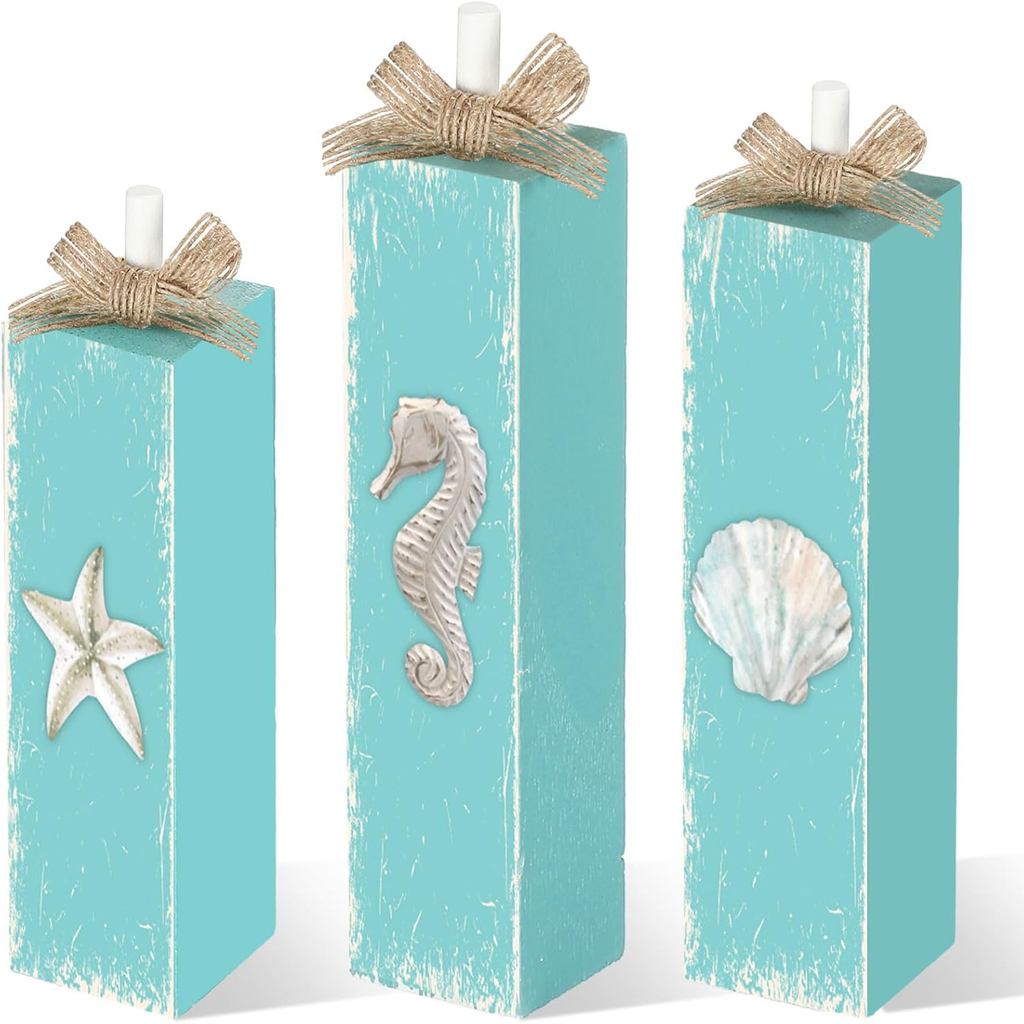 3 Pcs Beach Decor for Home Office Summer Beach Theme Table Decorations Seahorse Starfish Seashell Wooden Sign Coastal Oc