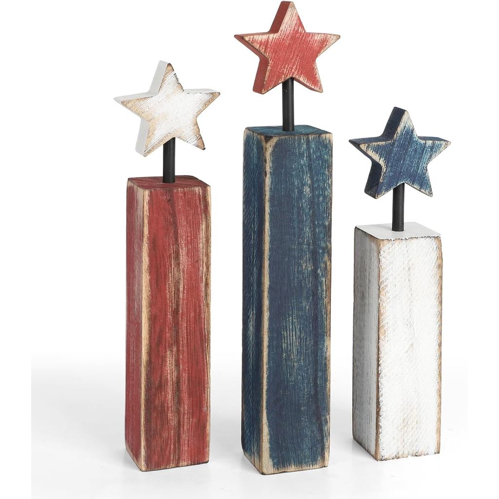 4th of July Table Decorations, 3Pcs Red White and Blue Decorations, Retro Patriotic Memorial Day Tiered Tray Decor, Labo