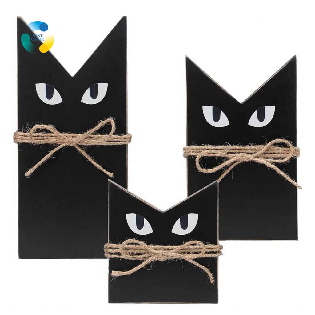Black Cat Table Decor Wooden Halloween Sign 3 Pcs Block Signs Rustic Vintage Decorations with Burlap Rope Farmhouse Tier