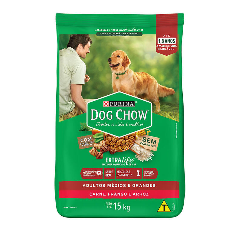 RAÇÃO DOG CHOW CÃES ADULTOS MÉDIOS E GRANDES CARNE; FRANGO E ARROZ 15KG