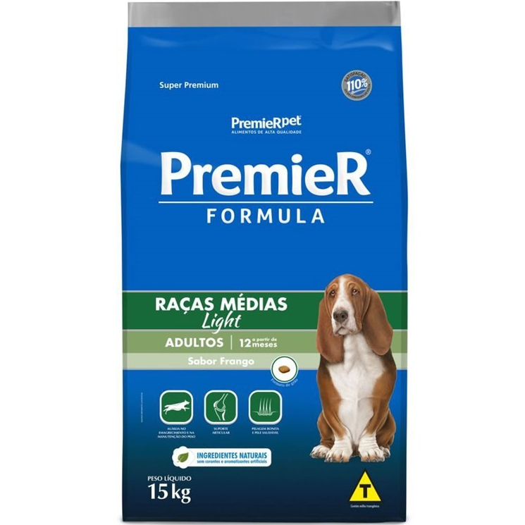 RAÇÃO PREMIER FORMULA CÃES ADULTOS PORTE MÉDIO LIGHT FRANGO 15KG