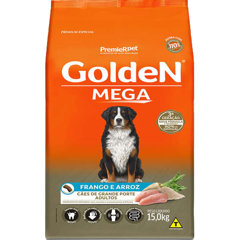 RAÇÃO GOLDEN MEGA CÃES ADULTOS PORTE GRANDE FRANGO E ARROZ 15KG