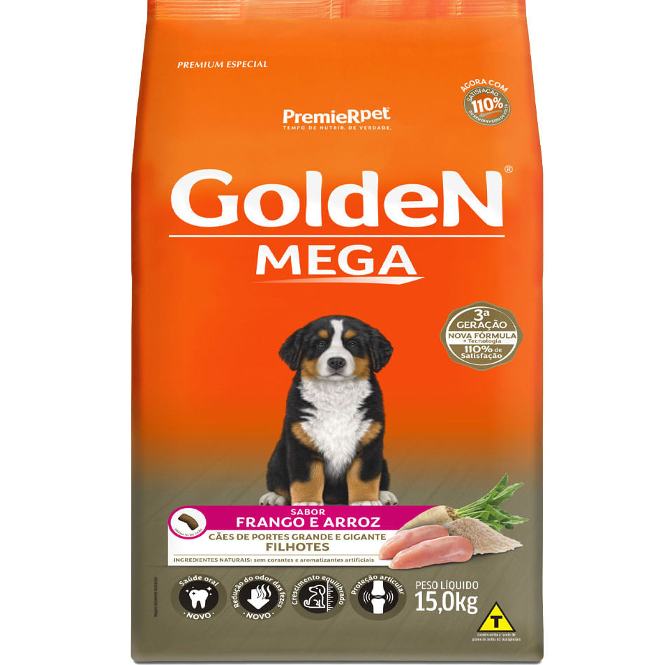 RAÇÃO GOLDEN MEGA CÃES FILHOTES PORTE GRANDE FRANGO E ARROZ 15KG