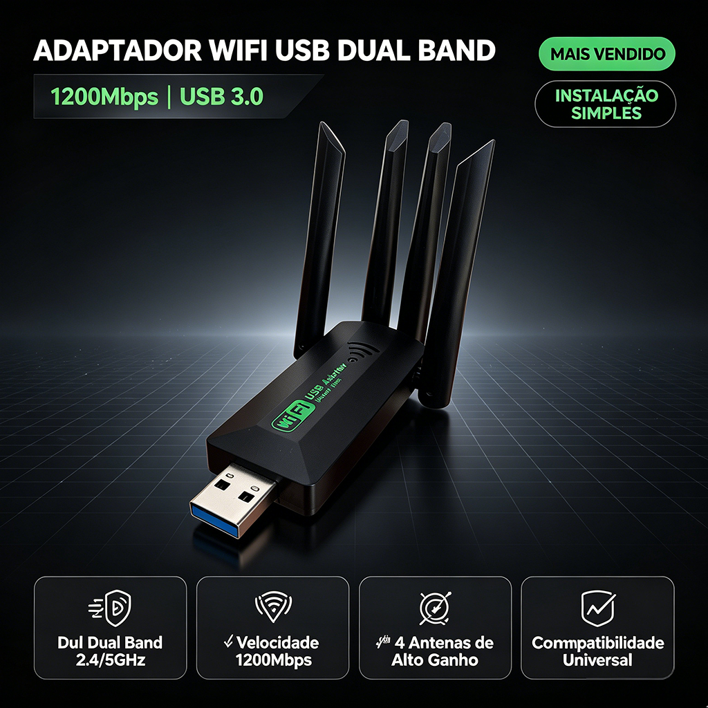 Adaptador Wi-Fi USB 3.0 Dual Band 1200Mbps – 2.4G/5GHz com 4 Antenas Externas 802.11ac Alta Velocidade