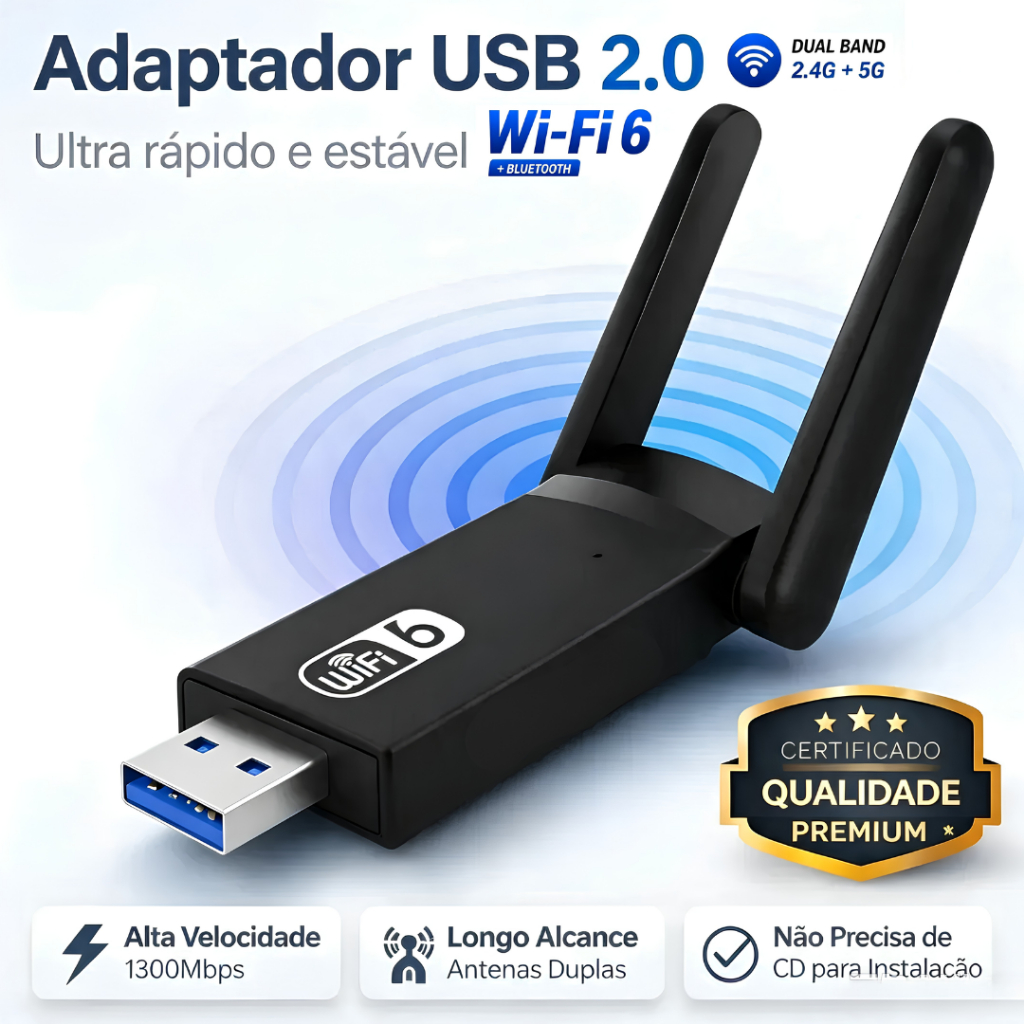 Adaptador USB Wi-Fi 6 Externo Dual Band 2.4GHz+5GHz Até 1300Mbps para Notebook e Desktop