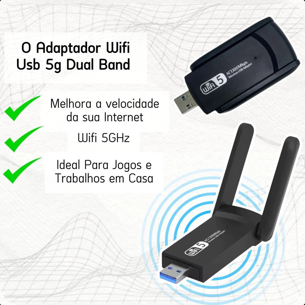 Adaptador Usb Wifi Wireless Dual Band Ac1300 5G e 2.4G 1300mbps Duas Antenas Externas
