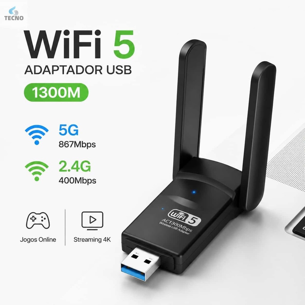 Adaptador Usb Wifi Wireless Dual Band Ac1300 5ghz e 2.4ghz 1300mbps Duas Antenas Externas TECNO