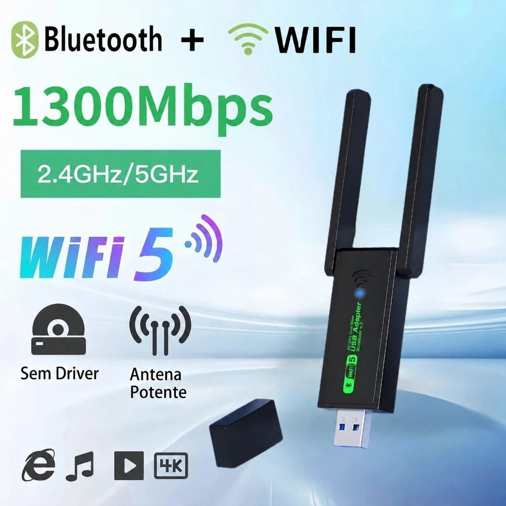 Adaptador Usb Wifi Wireless Dual Band Ac1300 5ghz e 2.4ghz 1300mbps Duas Antenas Externas