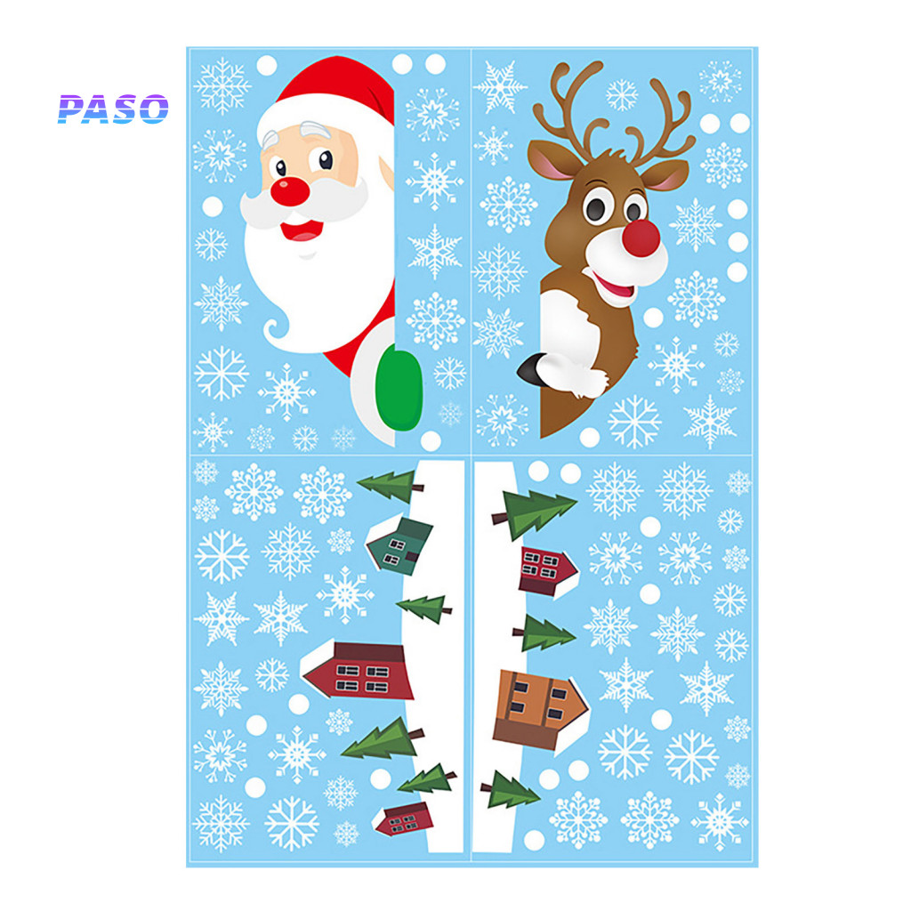 Reusable Christmas Decorations Window Decals 4pcs Santa Claus Reindeer Clings Removable Pvc Snowflake Glass Stickers for