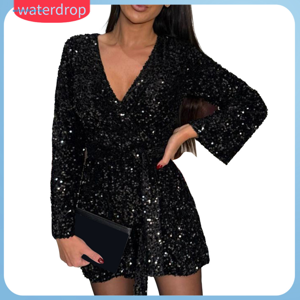Lady Party Romper Shiny Sequin Deep V Neck Long Sleeve Jumpsuit Slim Waist Lace-up Above Knee Dress for Club Prom Dating