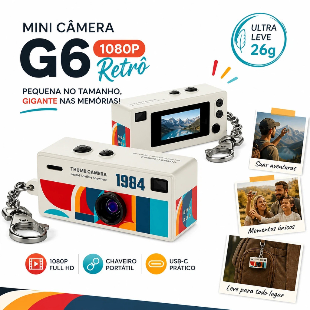 Mini Câmera Digital 1080P G6 Retrô com Tela Chaveiro Portátil USB-C
