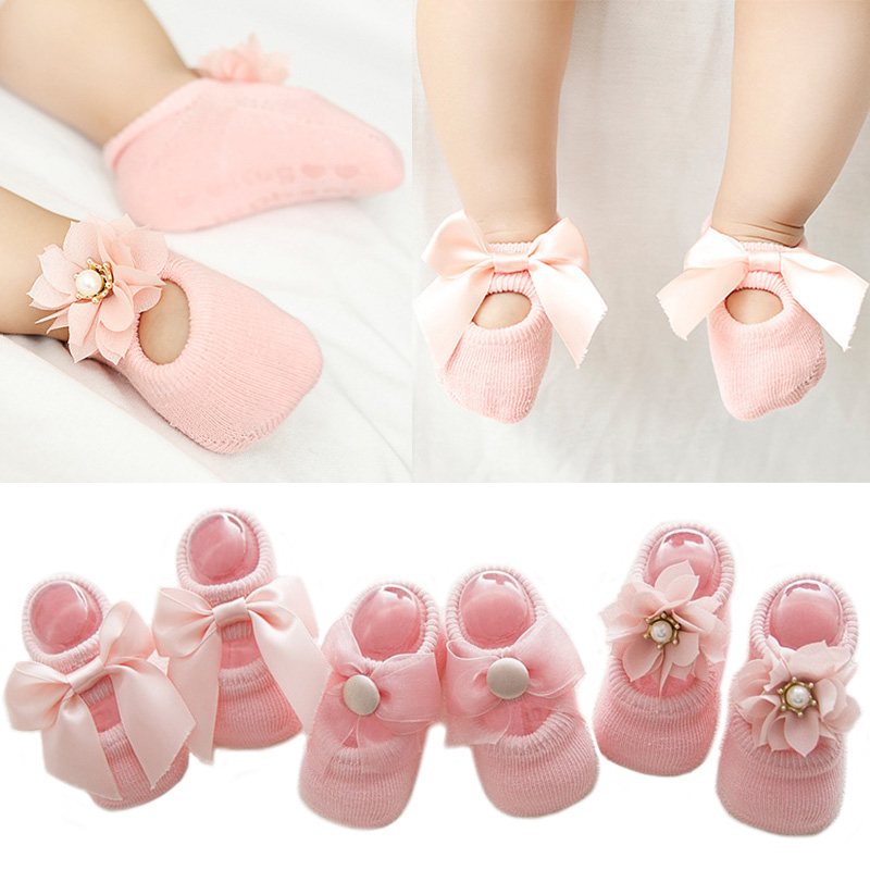 3 Pares/Lote 0-12 Meses Flor De Renda Meias De Bebê Recém-Nascido Algodão Antiderrapante Piso Infantil Menina Primavera Meninas Presente sokken