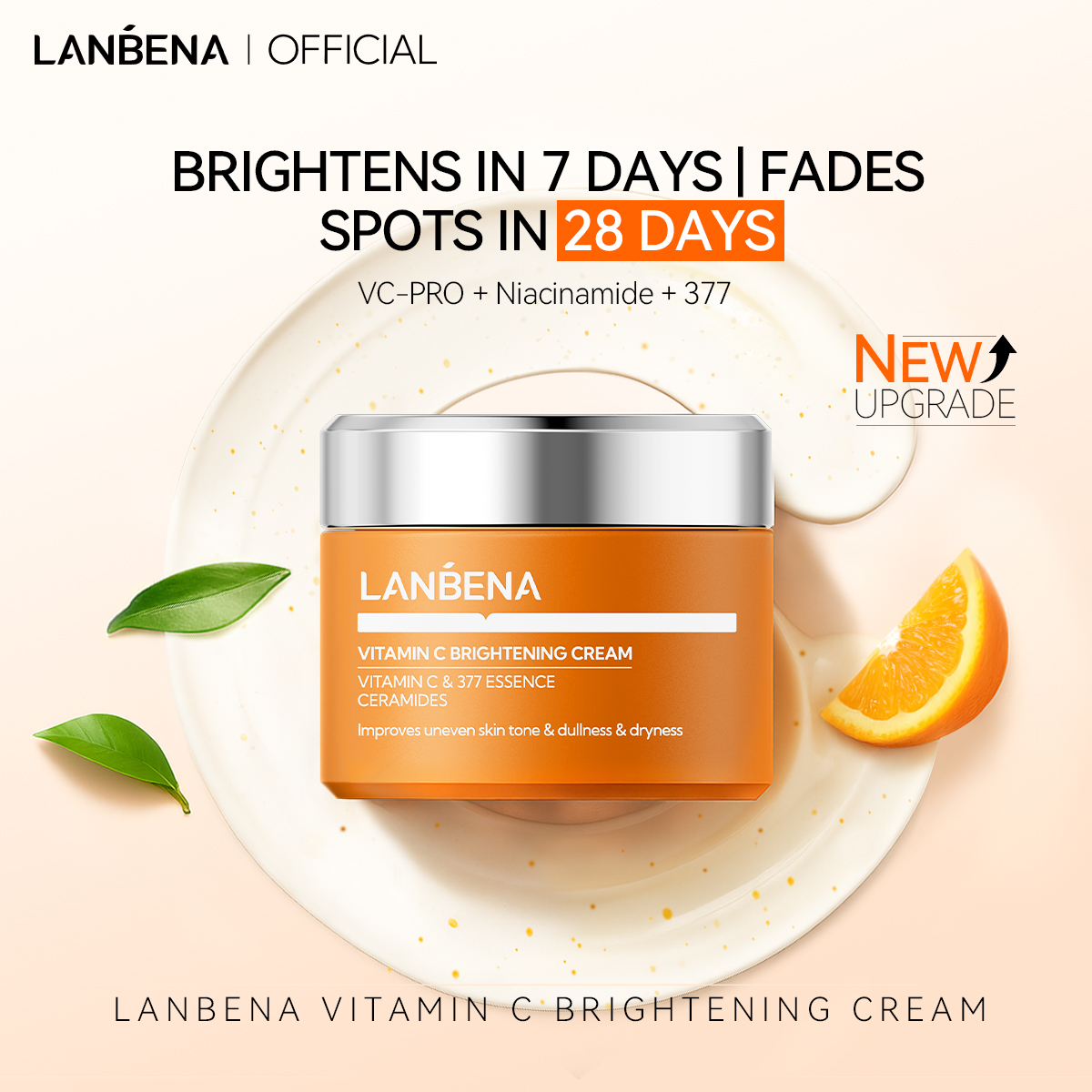 Creme Facial LANBENA com Vitamina C 30g - Clareador, Niacinamida 377, Hidratante, Desbota Manchas e Remove Aspecto Opaco