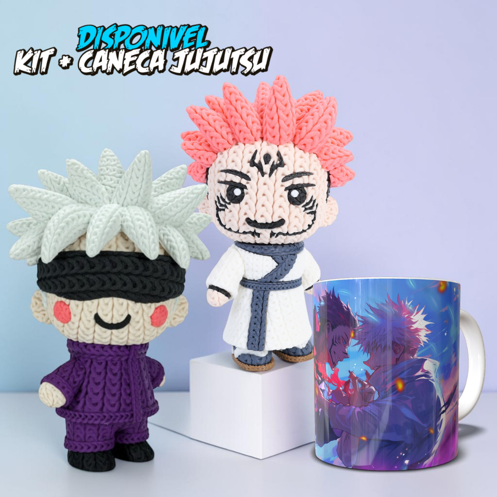 Kit Satoru Gojo  e Sukuna Jujutsu Kaisen Boneco Estilo Cute e Caneca Premium Porcelana Presente Otaku Geek