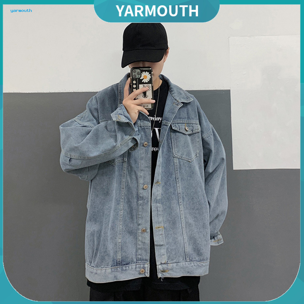 Women Denim Coat Solid Color Men's Jacket Long Sleeve Lapel Single Breasted Casual Outerwear with Flap Pockets Loose Fit