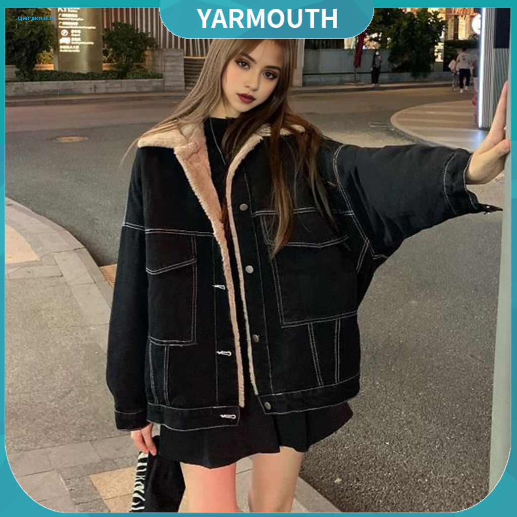 Lapel Jacket Women Cotton Women’s Thick Plush Lined Denim with Pockets – Warm Loose Fit Single-breasted Coat for Out