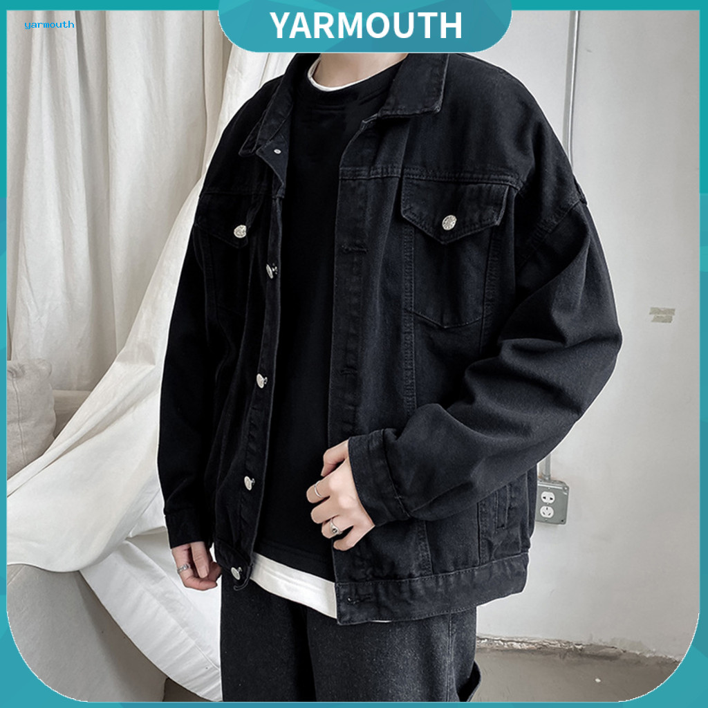 Black Denim Coat Men Outerwear Men's Casual Long Sleeve Lapel Jacket with Flap Pockets Loose Fit Single-breasted Outwear