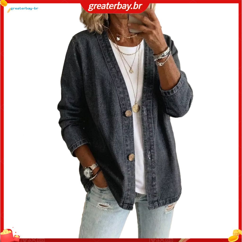 Women’s Vintage Faux Denim Jacket Button Front Long Sleeve Coat Loose Fit Imitation Jeans Cardigan Stylish Lightweight