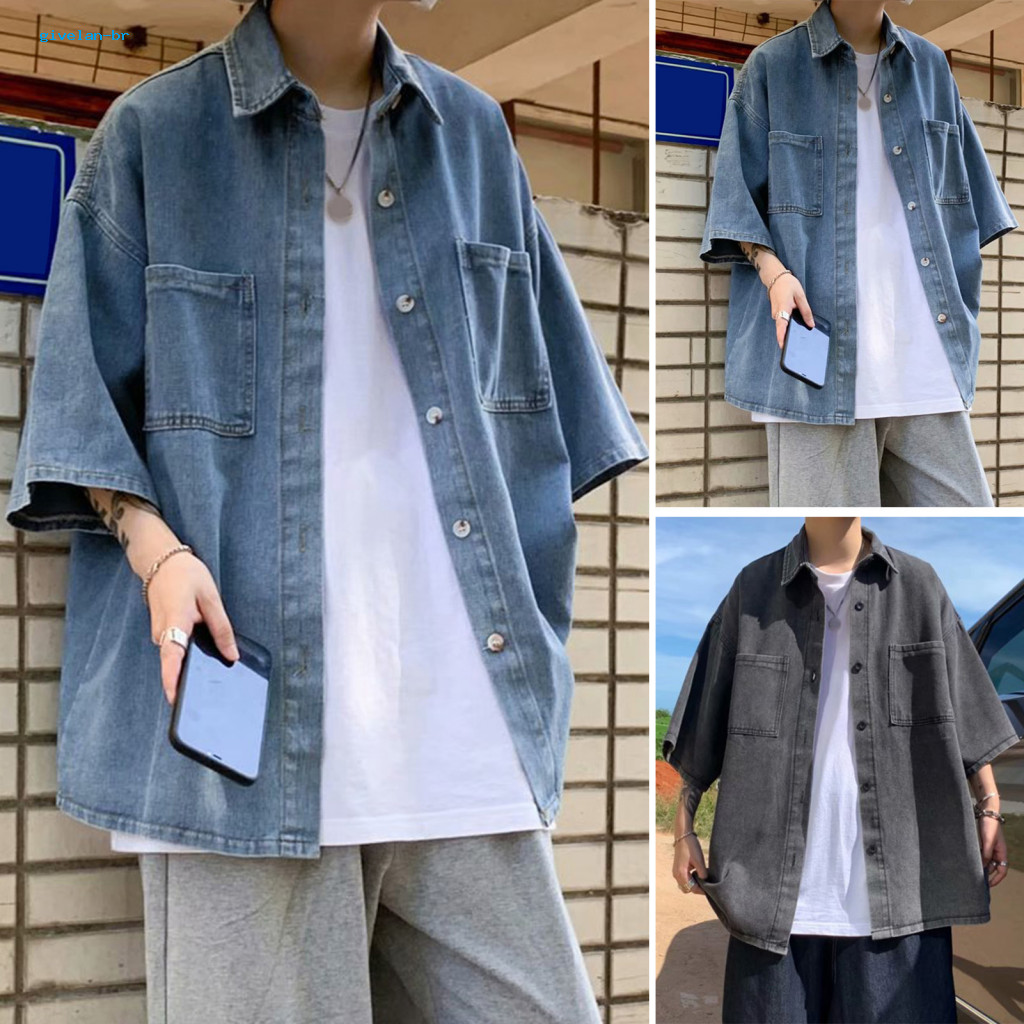 Men Lightweight Short-sleeve Shirt Lapel Collar Men's Summer Casual Short Sleeve Denim Loose Fit Button-down with Chest