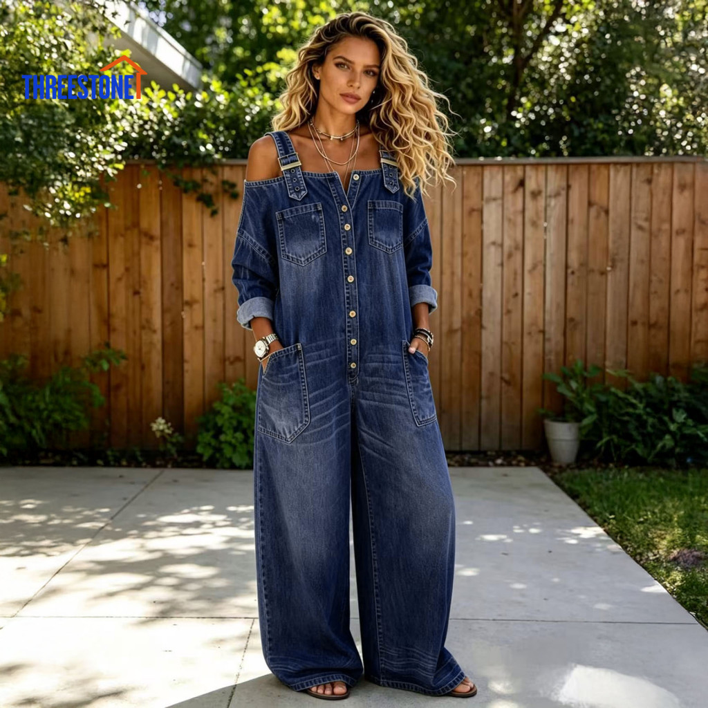 Denim Bib Overall Women Jumpsuit Women’s Summer – Off Shoulder Long Sleeve Loose Fit Wide Leg Jeans Romper with Adju