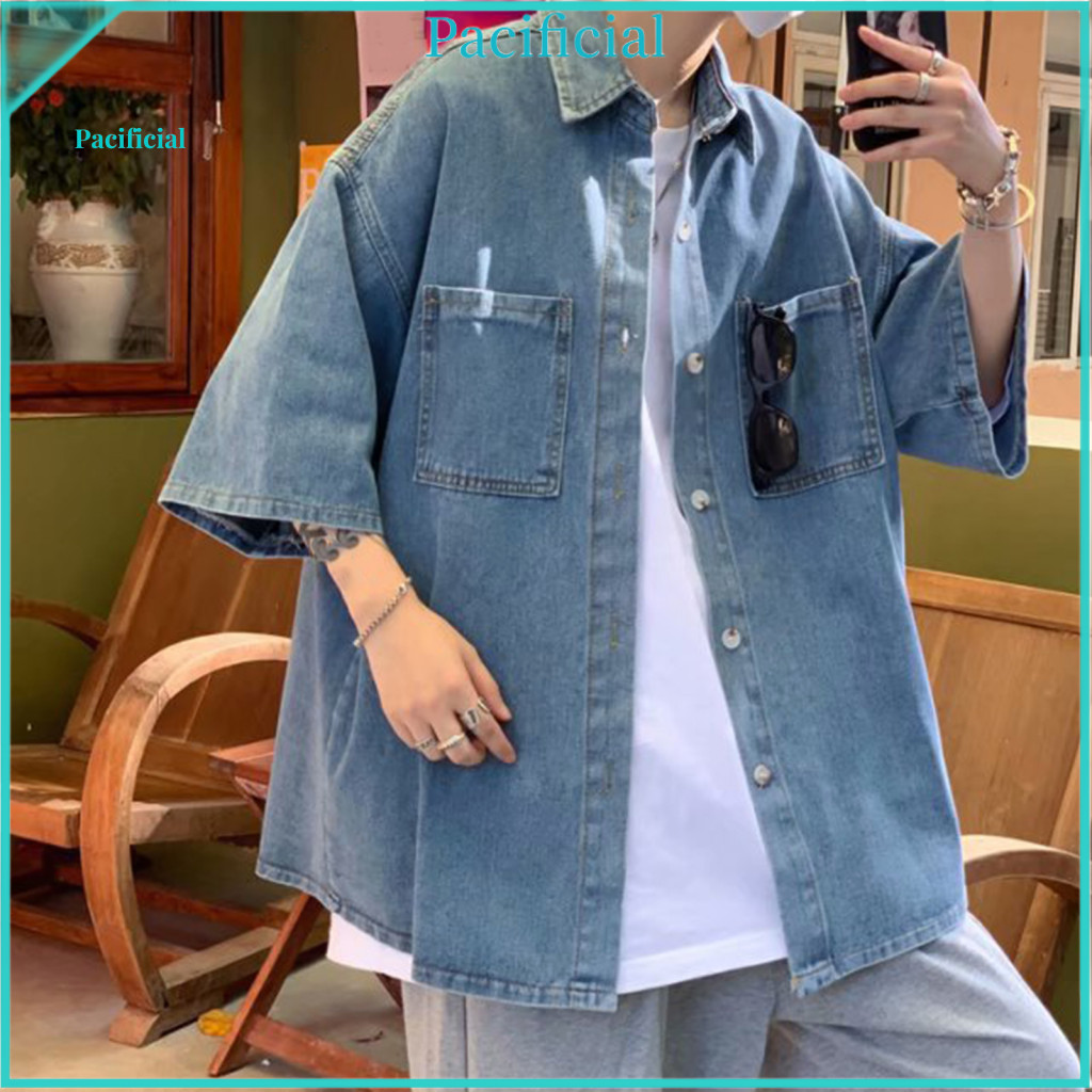 Denim Button-down Shirt for Men Loose Fit Short-sleeve Men's Summer Casual Short Sleeve with Chest Pockets Lapel for Dai