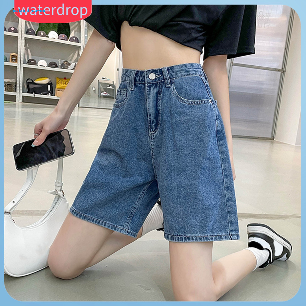 Women’s High Waist Knee-length Denim Shorts Straight Fit Zipper Button Closure Retro Pockets Loose Solid Color Jeans f