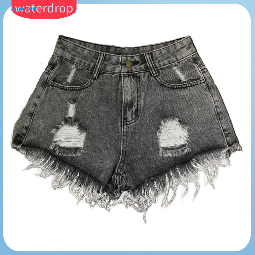 Women’s High Waist Ripped Denim Shorts Loose Fit A-line Plus Size Jeans with Pockets Button Zipper Closure – Beach D