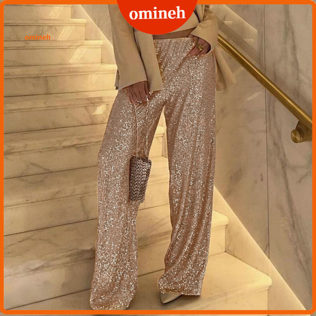 Solid Color Pants Women Women’s Wide Leg Elastic Waist Mid-rise Trousers Shiny Sequins Commuter Style Comfortable Long