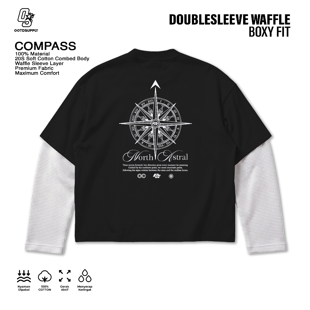 OOTDSUPPLY Longsleeve Boxy Combi Waffle Compass Preto Branco | Camisetas Grandes De Manga Comprida Para Homens E Mulhere