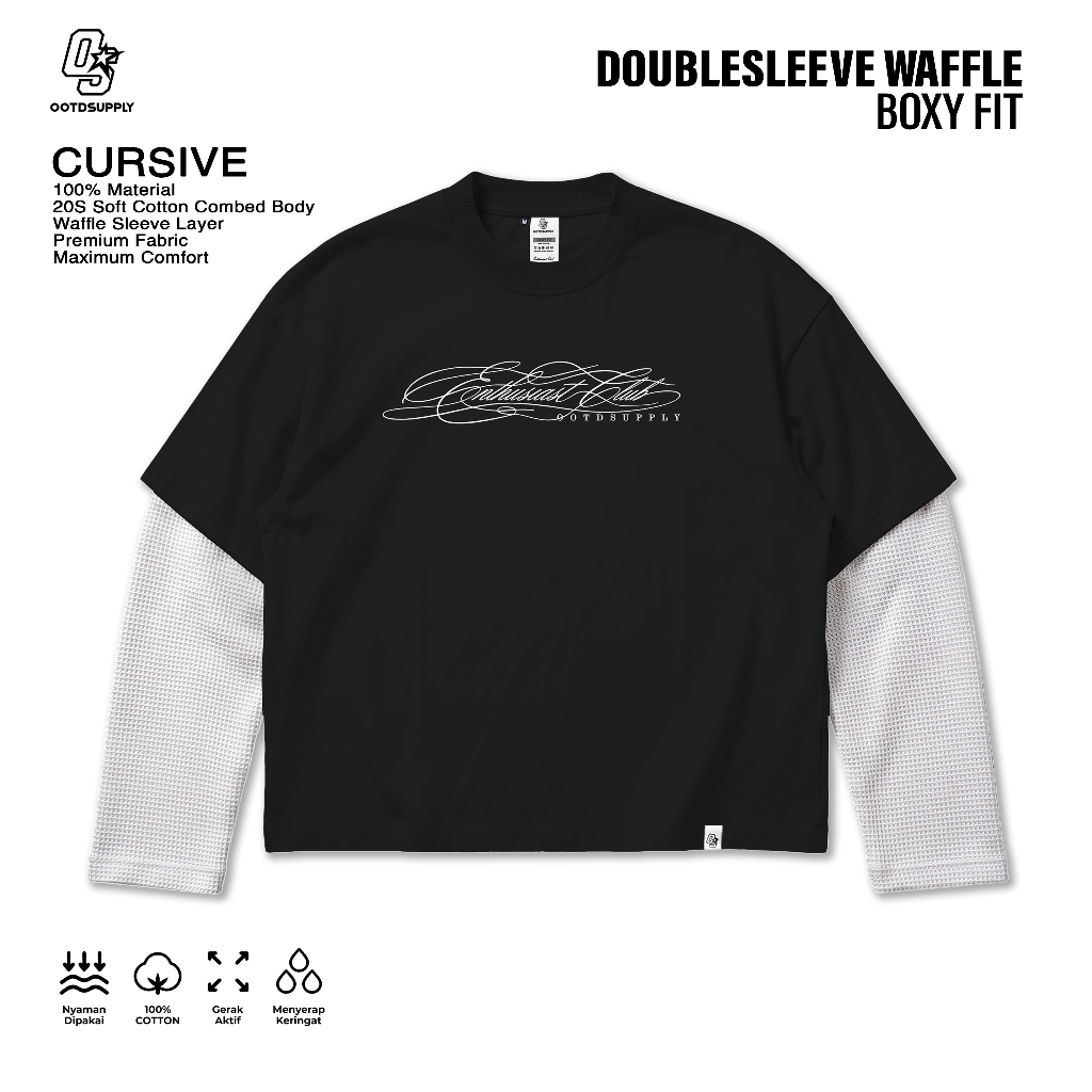 OOTDSUPPLY Manga Longa Boxy Combi Waffle Cursivo Preto Branco | Camisetas Grandes De Comprida Para Homens E Mulheres Str