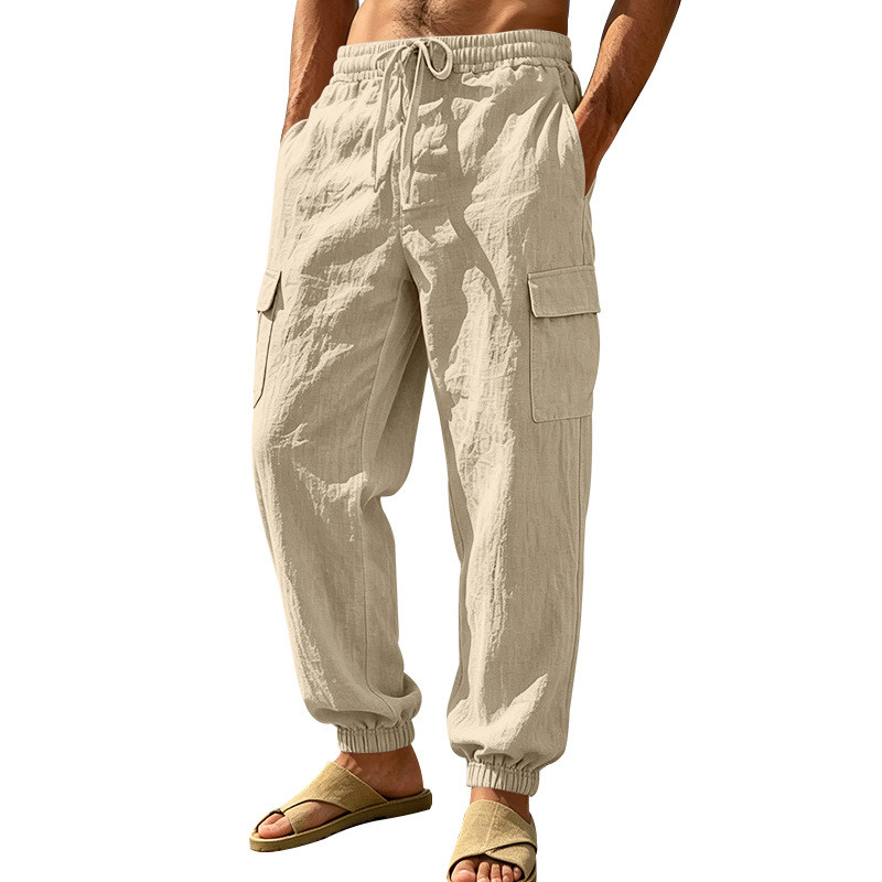 Calça Masculina De Trabalho De Linho calca Com Ajuste Solto E Vários Bolsos , Amarração No Tornozelo Esportiva casual De