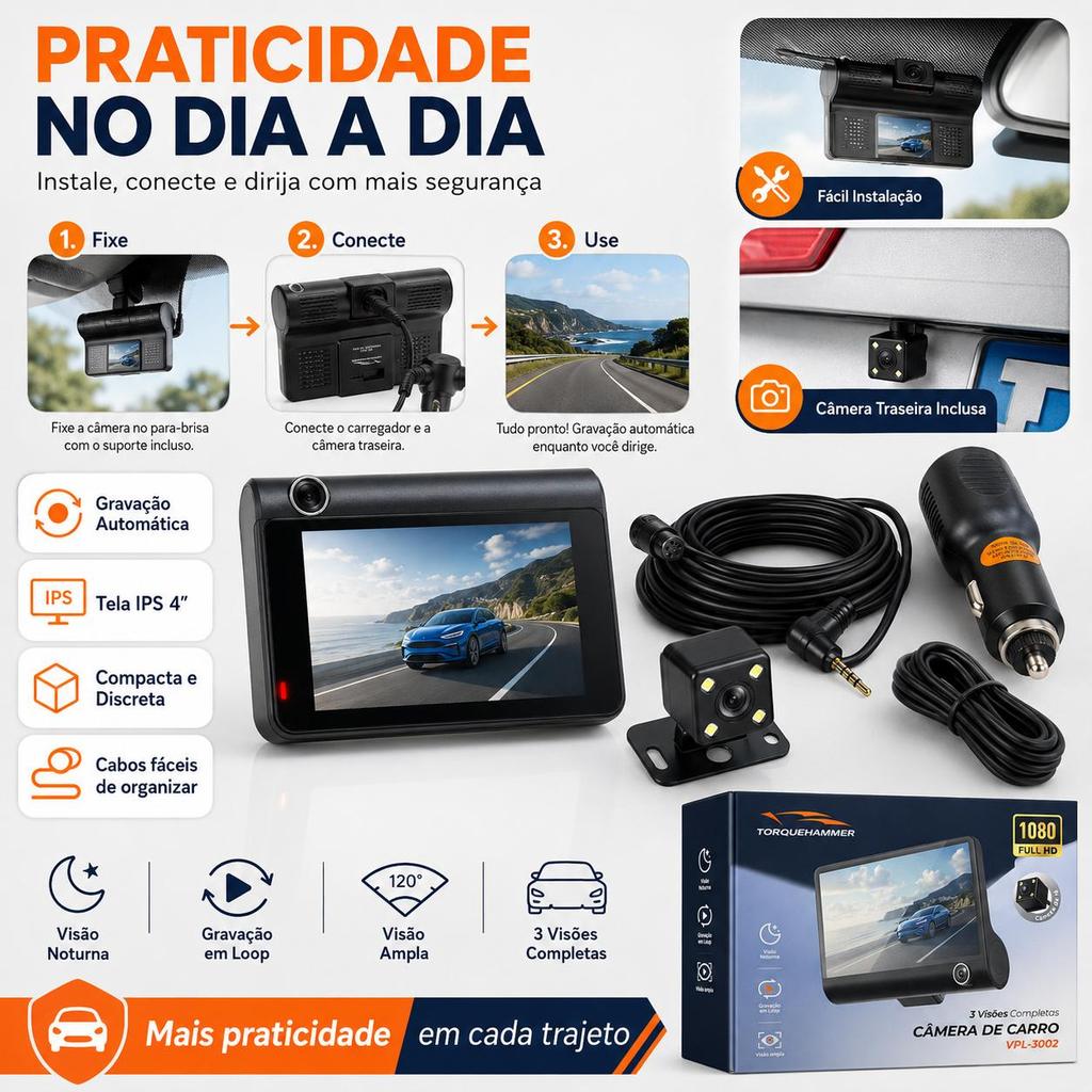 Câmera Automotiva 3 Canais Full HD Visão Noturna 4 Pol