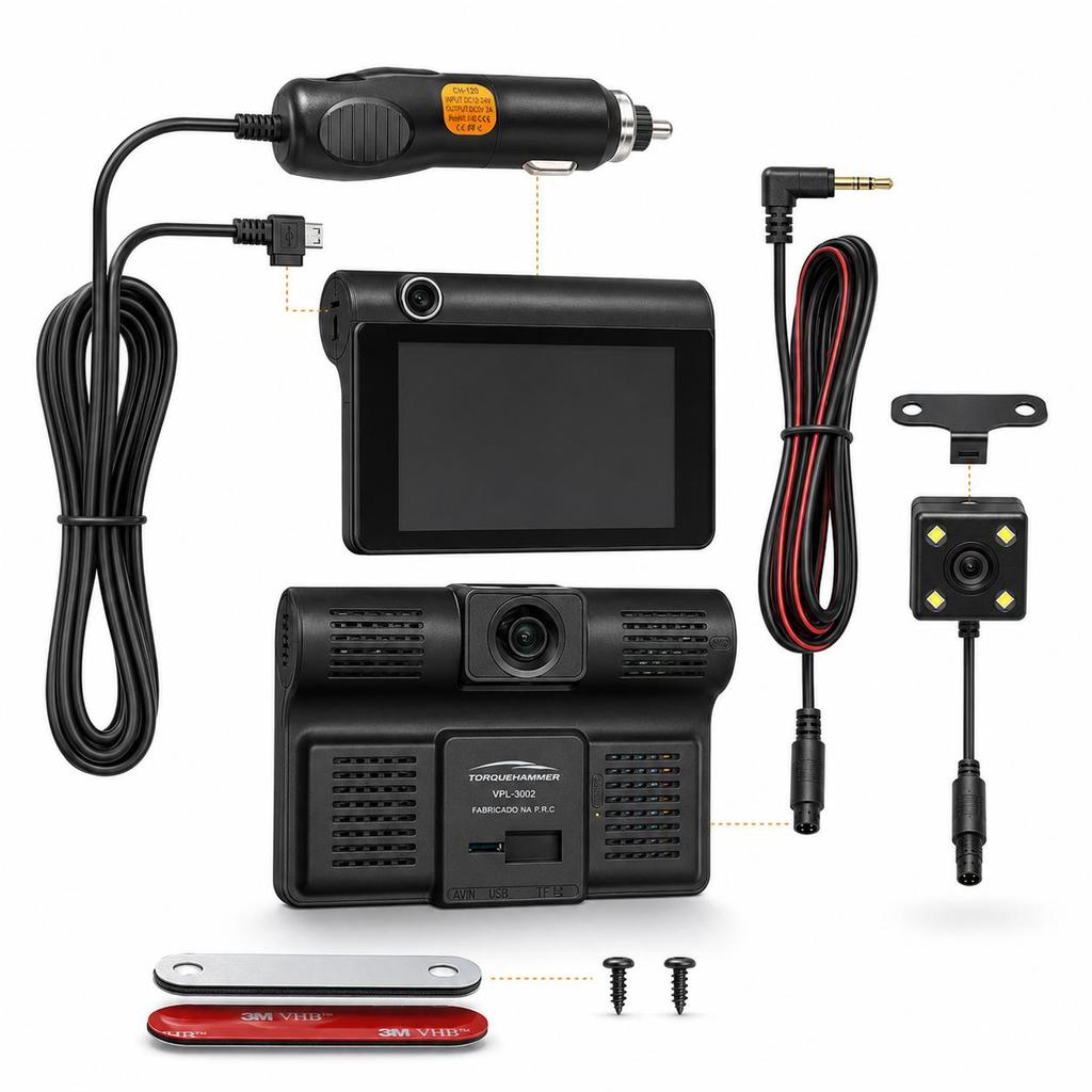 Câmera Para Carro 3 Visões Full HD 1080p Com Câmera Ré
