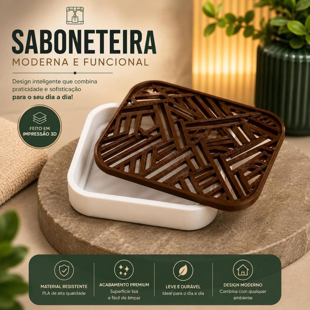 Saboneteira Moderna com Drenagem Porta Sabonete para Banheiro e Lavabo Impressão 3D Design Elegante