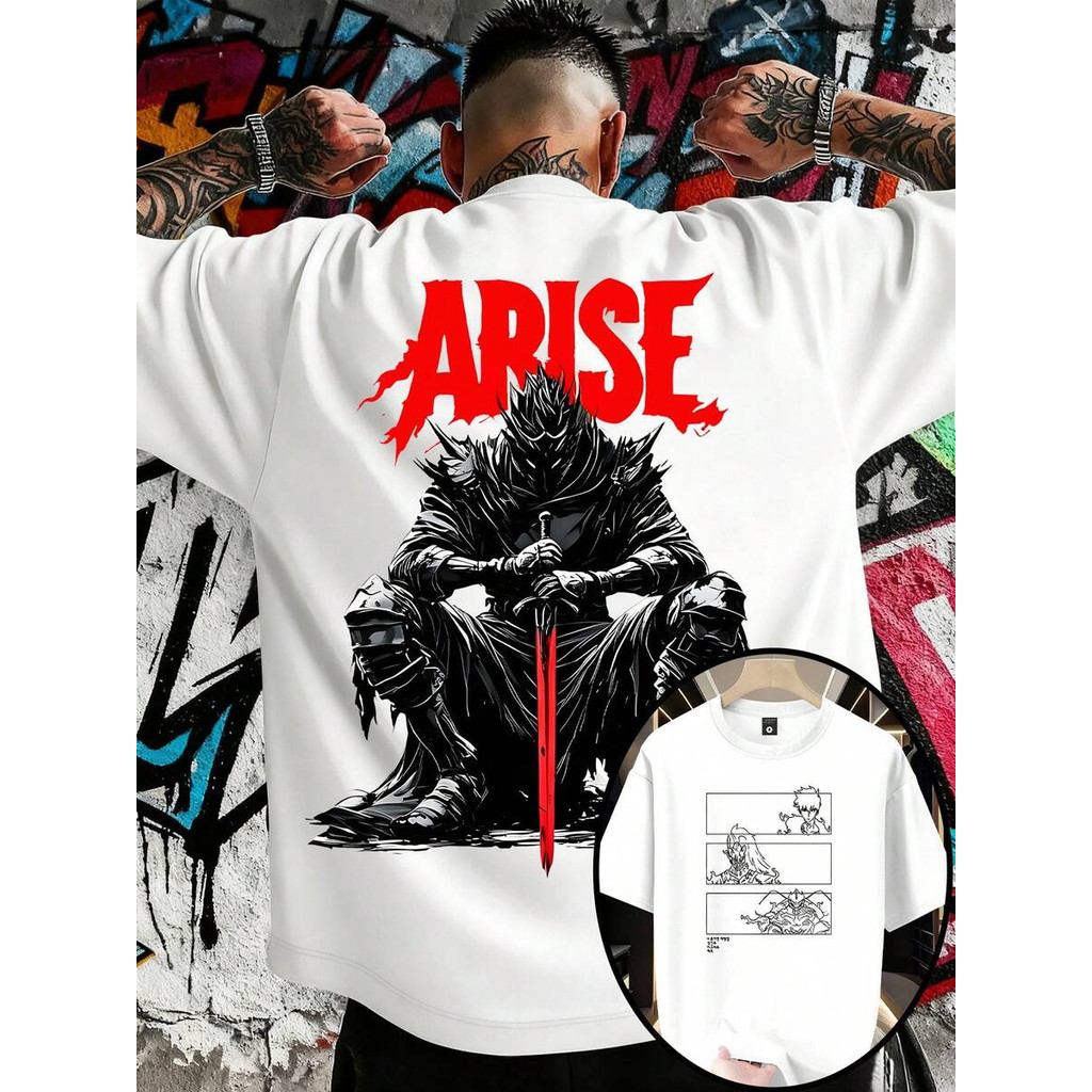 Camiseta Masculina Feminina Oversized Dupla Estampa Cavaleiro Dark Souls Frente Letra ARISE Vermelho Guerreiro