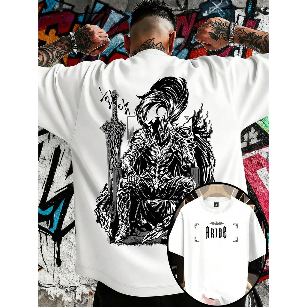 Camiseta Masculina Feminina Oversized Dupla Estampa Dark Souls Artorias Cavaleiro Abissal Frente Letra Arise Verso