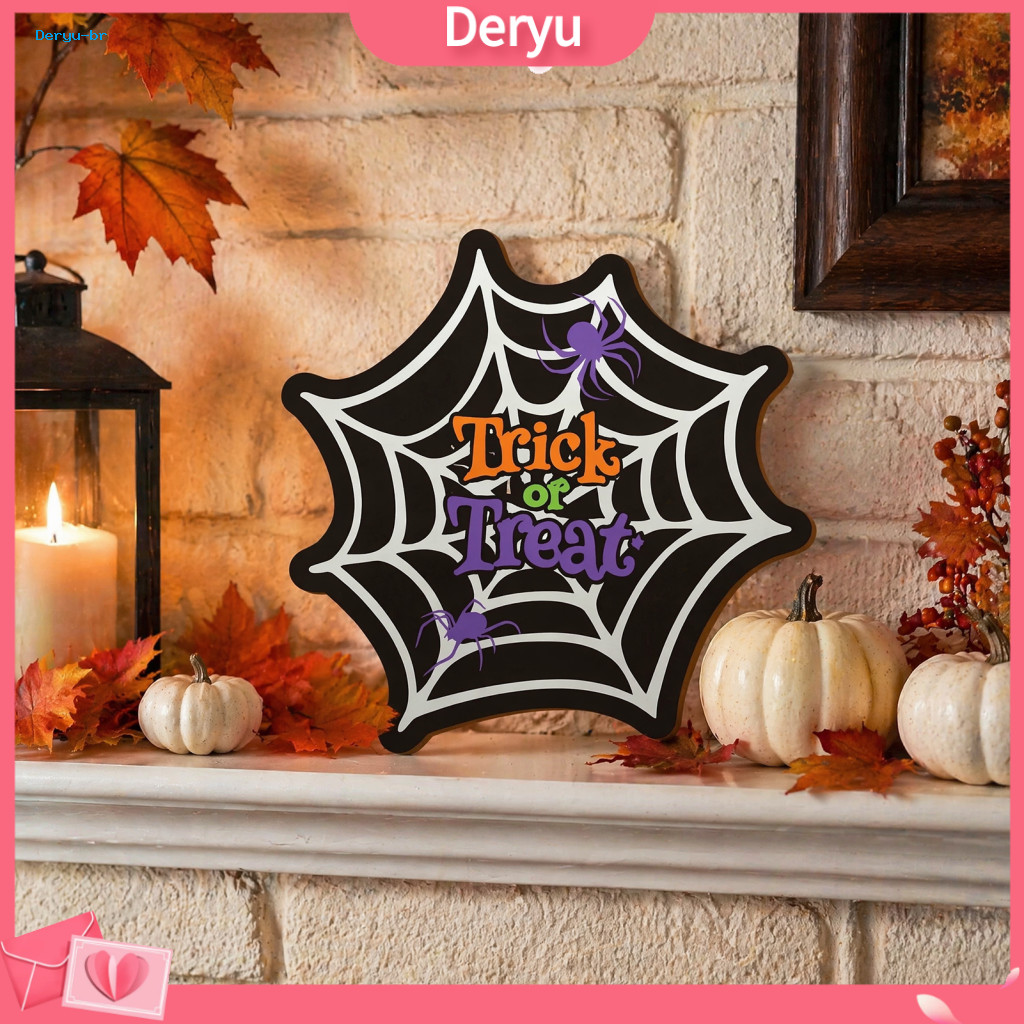 Indoor Outdoor Halloween Decorations Door Hanging Sign Rustic Wooden Hanger with Spider Web Trick or Treat Plaque Farmho