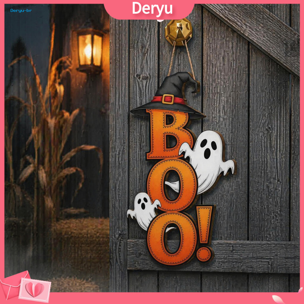 Ghost Witch Hat Sign Halloween Hanging Door Hanger Cute Wooden Boo Decoration Spooky Front Wall Decor for Party Festive