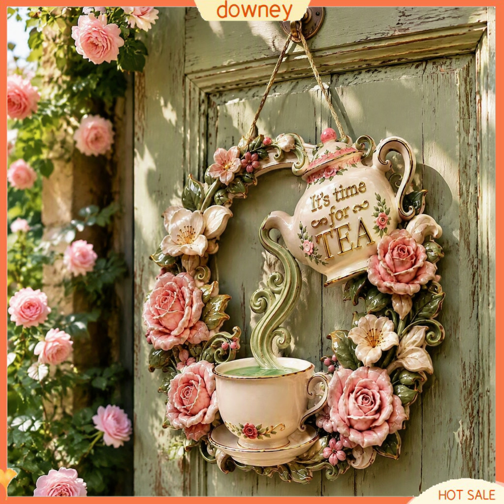 Rustic Metal Tea Door Sign Floral Wreath with Teapot Teacup Design – Charming Kitchen Garden Wall Decor Perfect Gift f