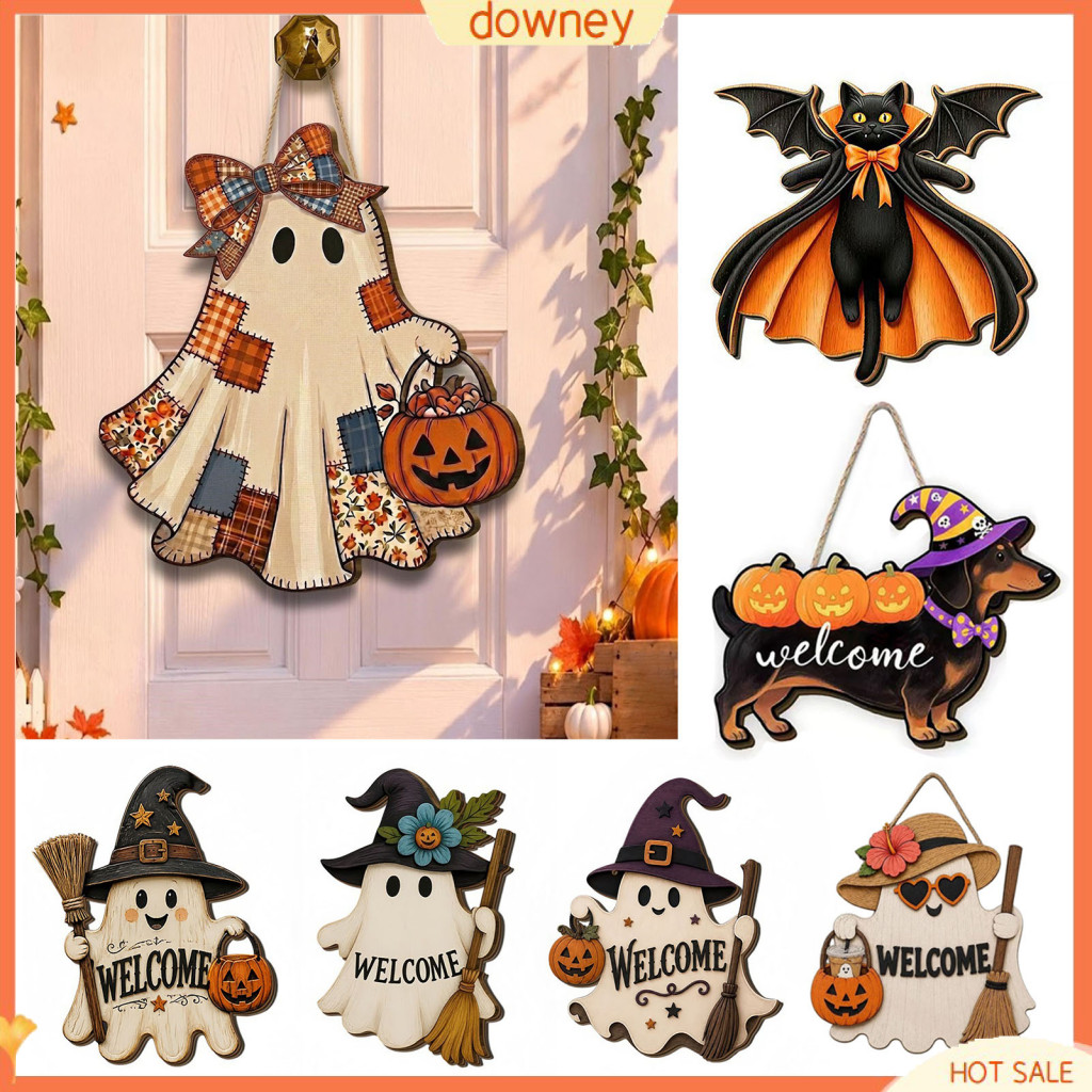 Halloween Ghost Door Hanger Cute Wooden Sign with Witch Hat Pumpkin Fall Indoor Outdoor Wall Porch Decor Spooky Holiday