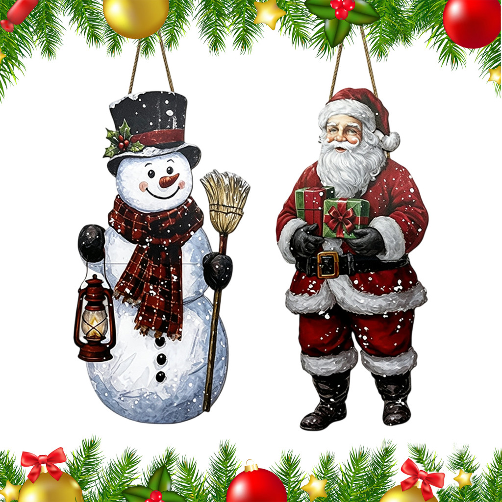 Christmas Door Hanging Sign Winter Seasonal Wall Art Rustic Wooden Wreath with Santa Claus Snowman Farmhouse Style Holid