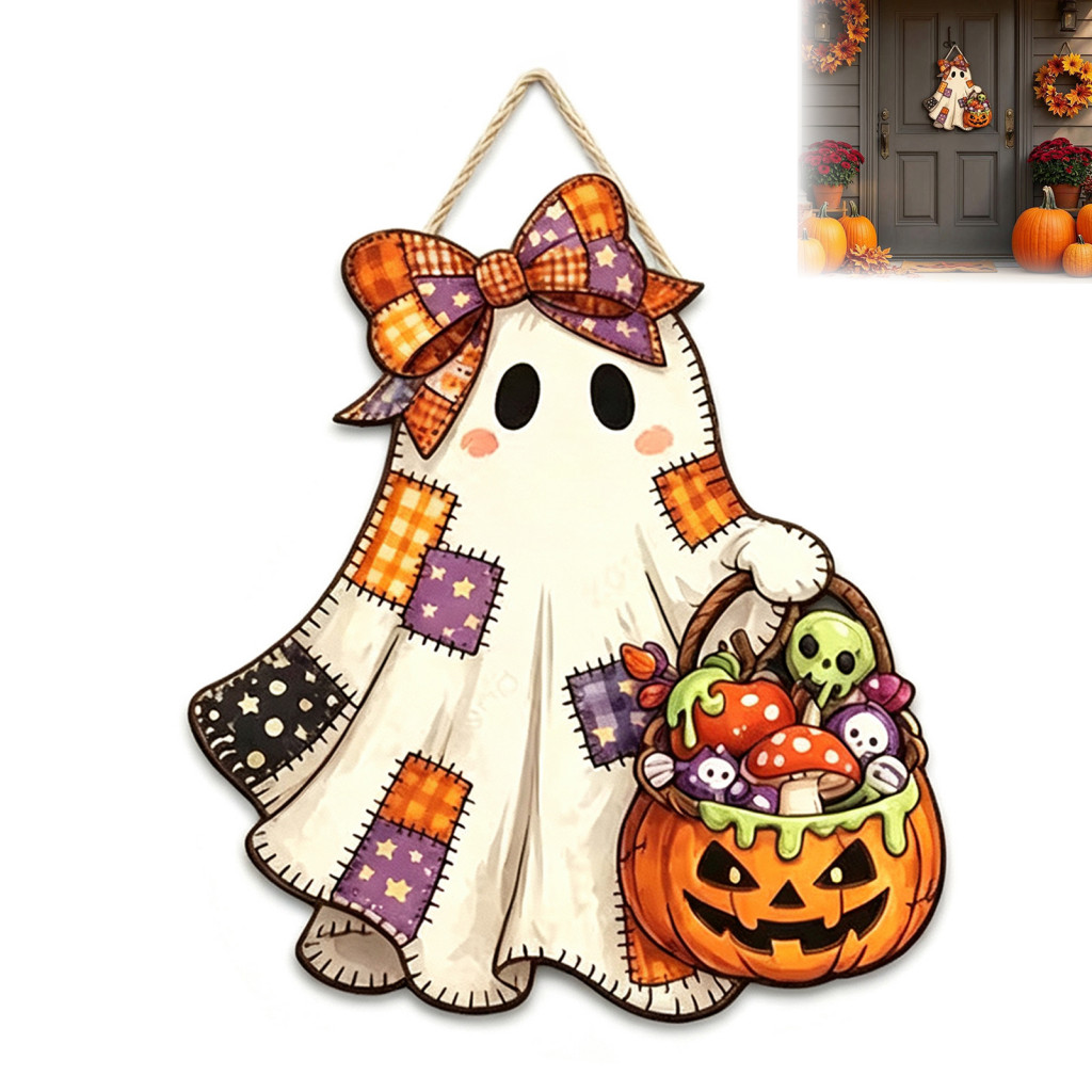 Halloween Door Sign Ghost Hanging Decor Cute with Bow Wooden Patchwork Plaque Pumpkin Candy Basket Retro Wall for Front