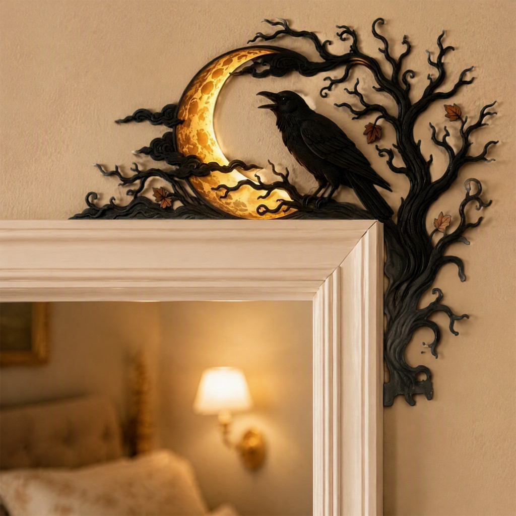 Home Decor Halloween Door Corner Sign Raven Moon Spooky Dead Tree Crow Wall Hanging Ornament for Mantel for Southeast