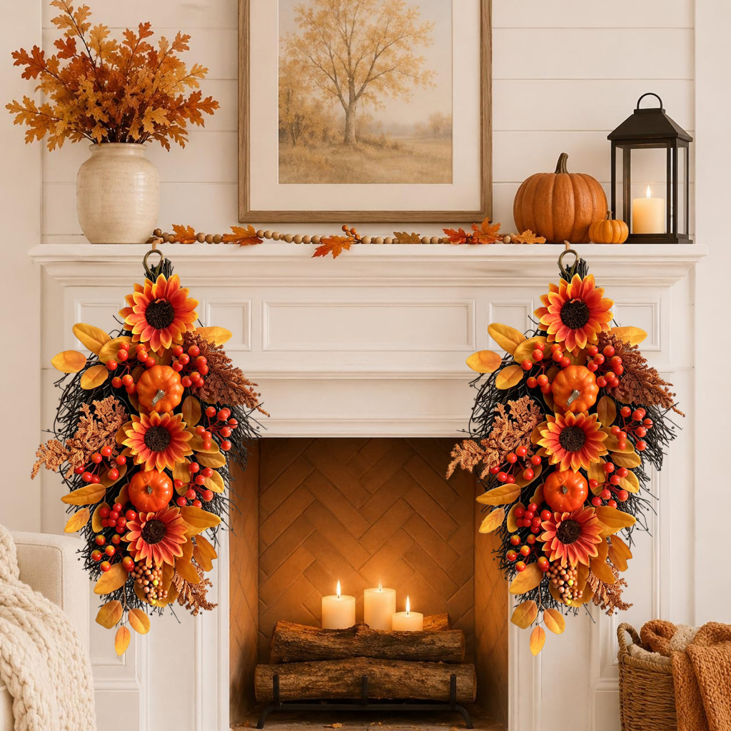 Fall Wreath for Front Door Porch Welcome Sign Sunflower with Maple Leaves and Berries Artificial Autumn Decor Seasonal F