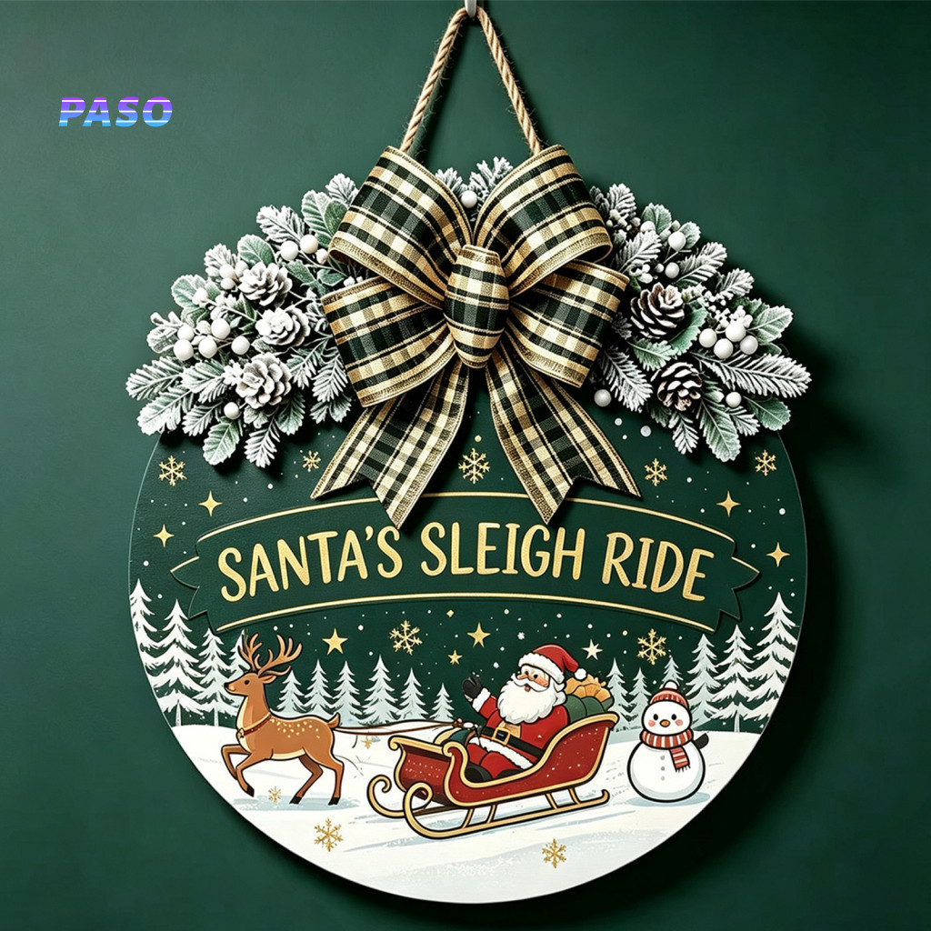 Indoor Outdoor Porch Ornament Christmas Door Sign Wooden Welcome for Front Round Hanging with Pine Branches and Bow Fest