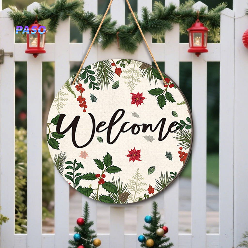 Indoor Farmhouse Holiday Sign Wooden Hanging Decor Christmas Welcome Round Front Door with Cute Dog Gingerbread Man Fest