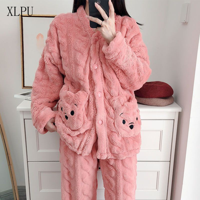 Pijama de pelúcia de 2 peças para outono/inverno, feminino, feito de lã coral grossa, estilo cartoon para estudantes, ta